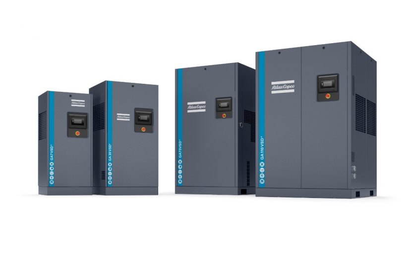 This image is an image of 4 Atlas Copco Rotary screw compressors. It shows two sizes the 2KW and the 500KW sizes. They are grey in colour and have the blue branding from Atlas Copco.